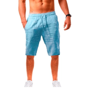Front view of men's breathable light blue linen shorts featuring elastic drawstring waist