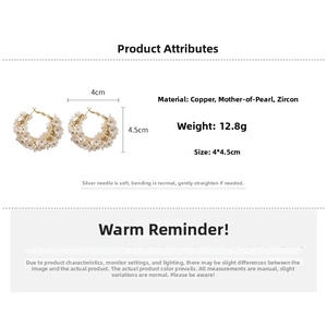 Detailed view of pearl flower cluster C-shaped earrings with dimensions and material specs