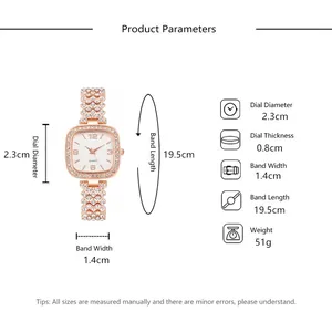 Detailed size chart for square diamond women's watch with dimensions and specifications