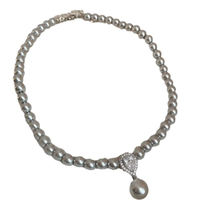 French vintage silver grey pearl necklace with a teardrop zircon pendant for women