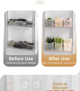 Comparison showing organized refrigerator side door storage boxes for food and soda