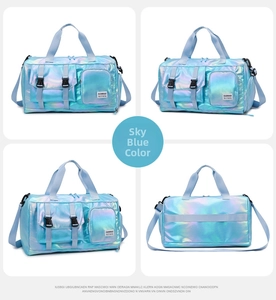 Detail view of large sky blue pearl finish sports bag with dry wet separation compartments