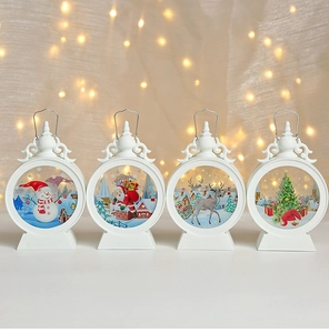 Close-up of four white Christmas lanterns with snowman, Santa, and reindeer illustrations