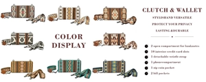 Detail display of bohemian canvas clutches featuring geometric patterns and 10 card slots