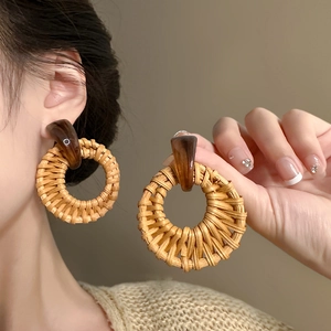 Exaggerated Bohemian Rattan Woven Drop Earrings Round Geometric Resin Spliced With 925 Sterling Silver Earring Post Retro