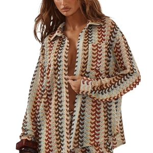 Relaxed fit knitted long sleeve shirt with brown and blue wavy crochet texture patterns