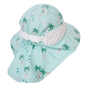 Detail of mint green sun hat with palm tree print, mesh vents and neck protection