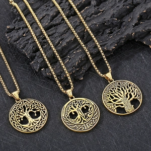 Tree Of Life Pendant Necklace Stainless Steel Viking Nordic Celtic Knot Round Vintage Hip Hop Men Jewelry