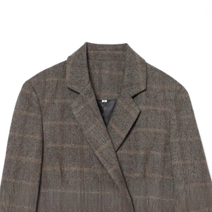 Women's tailored taupe plaid linen blend blazer with classic notched lapels and button detail