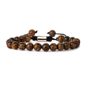 Adjustable tiger eye beaded bracelet with black braided rope and silver metal tube