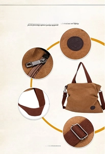Détails du sac en toile marron montrant le logo, le zip en métal et la bandoulière