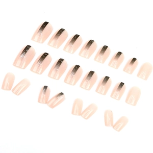 Pink gradient press-on nails with vertical silver metallic stripes on white background