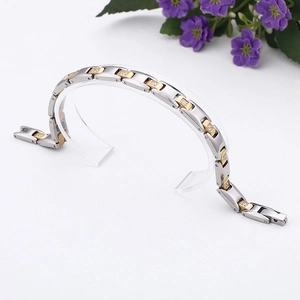 Elegant silver and gold tone titanium steel magnetic bracelet with sparkling zircon stones