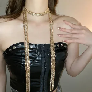 Sparkling gold layered tassel body chain necklace with rhinestones for a luxury fashion look
