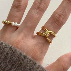 Minimalist S925 sterling silver knot rings with gold pearls and geometric hollow design