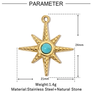 Detail view of gold octagonal star pendant with blue natural stone and size dimensions