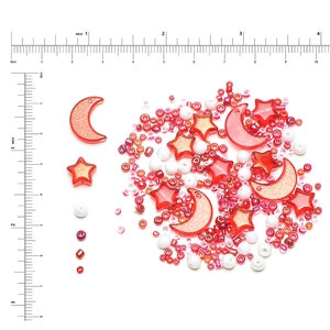 Red and white moon star beads set with size ruler for DIY jewelry making