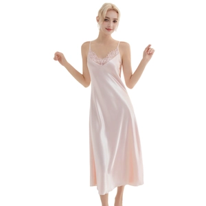 Elegant light pink satin V-neck nightgown for women with delicate lace trim and long fit