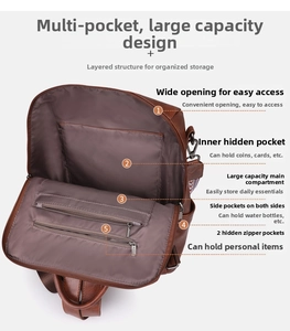 Detail of multi-pocket brown leather backpack interior with spacious storage compartments