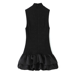 Elegant black sleeveless dress featuring delicate lace stitching and satin ruffle skirt