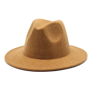Classic tan wool felt fedora hat with water-drop crown and flat brim for men and women
