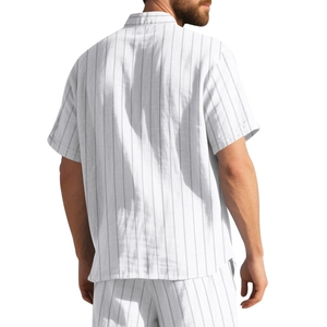 Rear view of men's white and gray striped casual linen shirt and shorts set