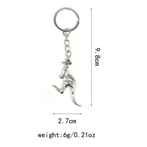 Silver metal kangaroo keychain dimensions showing length 9.8cm and width 2.7cm