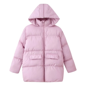 Pink hooded puffer jacket featuring front zipper closure and quilted flip pockets
