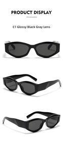 Three-angle view of black polygon cat-eye sunglasses with grey lenses in C1 model