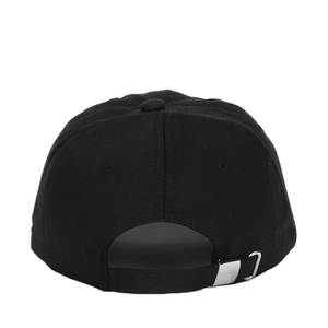 Classic black cotton baseball cap with adjustable silver metal buckle and embroidery