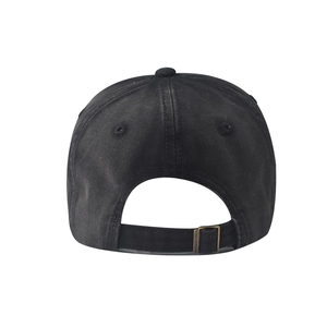 Detail of black washed cotton baseball cap with adjustable bronze metal buckle back