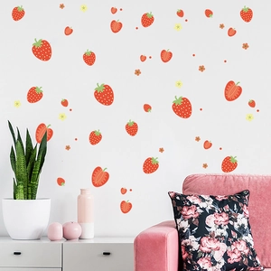 Fresh strawberry wall stickers with pink flowers for home bedroom and cabinet decor