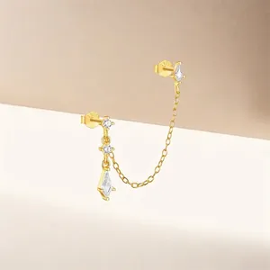 S925 Sterling silver double stud earrings with dangling gold chain and marquise stones