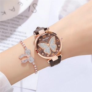 Elegant rose gold ladies watch with butterfly glitter dial and brown leather strap set
