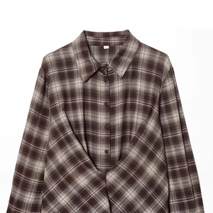 Women's long sleeve plaid shirt with coffee brown check pattern and side slit hem