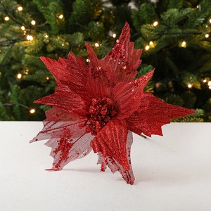 Sparkling red glitter Christmas poinsettia flower for holiday tree decoration and crafts