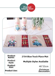 Close-up of linen Christmas placemat with Santa Claus design and red plaid cutlery pocket