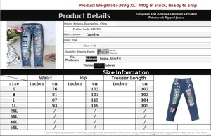 Größentabelle für S-XL der blauen bedruckten Patchwork-Jeans mit Rissen für Damen