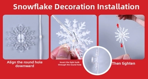 Detailed installation guide for snowflake LED light ornaments with three-step assembly process