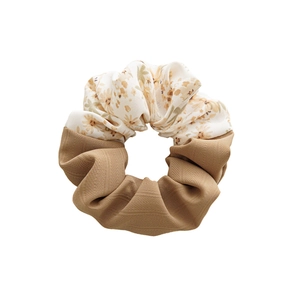 Floral print and solid camel twill patchwork hair scrunchie for women on white background
