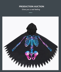 Close-up of black hooded cape featuring a colorful rainbow skeleton ribcage print