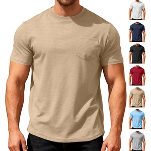 Men Waffle Texture T-Shirt Short Sleeve Crew Neck Loose Breathable With Chest Pocket Casual Summer Top