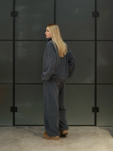 Women's dark gray-blue fleece two-piece lounge set with embroidered jacket and wide-leg pants