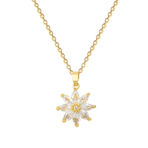 Elegant gold titanium necklace with sparkling floral pendant encrusted with clear crystals