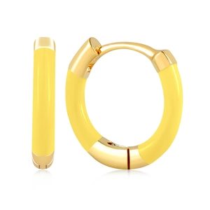 Detailed macro view of yellow enamel hoop earrings with gold plated spring clasp closure