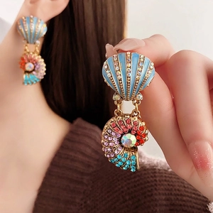 Vintage gold shell earrings with blue enamel and colorful rhinestones for women