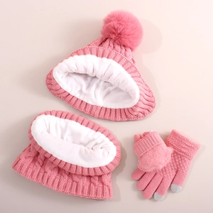 Three-piece baby winter set with fleece-lined cable knit hat, scarf and touchscreen gloves
