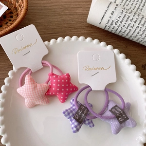 Sweet fabric star hair ties with pink and purple gingham patterns for girls