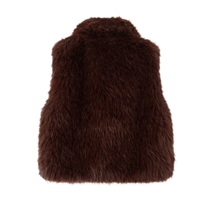 Detailed texture of thick dark brown faux fur on the back of the sleeveless vest