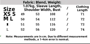 Detailed size chart for the French style wool blend short coat with scarf collar detail